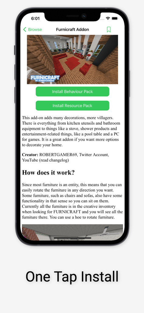Interface of the Mods for Minecraft PE app showing the Furnicraft addon with one tap install buttons and a description of the furniture mod.