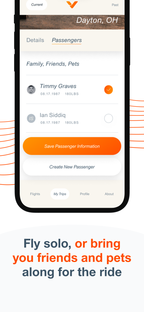 Fly Vaunt app screen for managing flight passengers including family friends and pets.