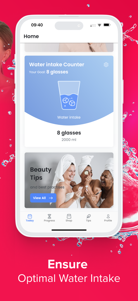 Face Yoga: Facial Exercises - Screenshot of the Face Yoga app home screen showing the water intake counter and beauty tips section.