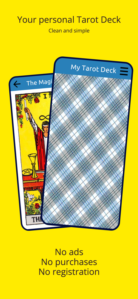 My Tarot Deck - Interfaccia dell'app My Tarot Deck che mostra la carta del Mago e un retro di carta a quadri su uno sfondo giallo con testo che evidenzia l'assenza di pubblicità e acquisti