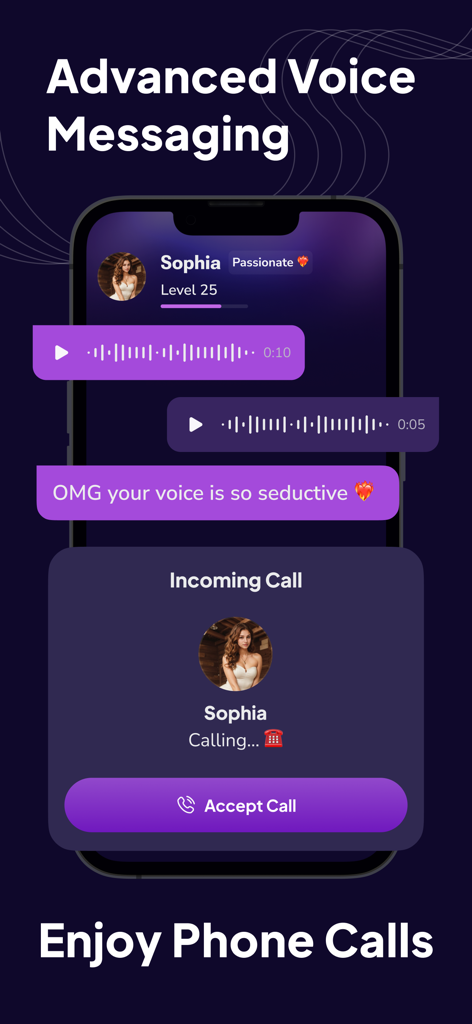 Interfaz de la aplicación Fling AI con mensajería de voz y una llamada entrante de un personaje de IA llamado Sophia.