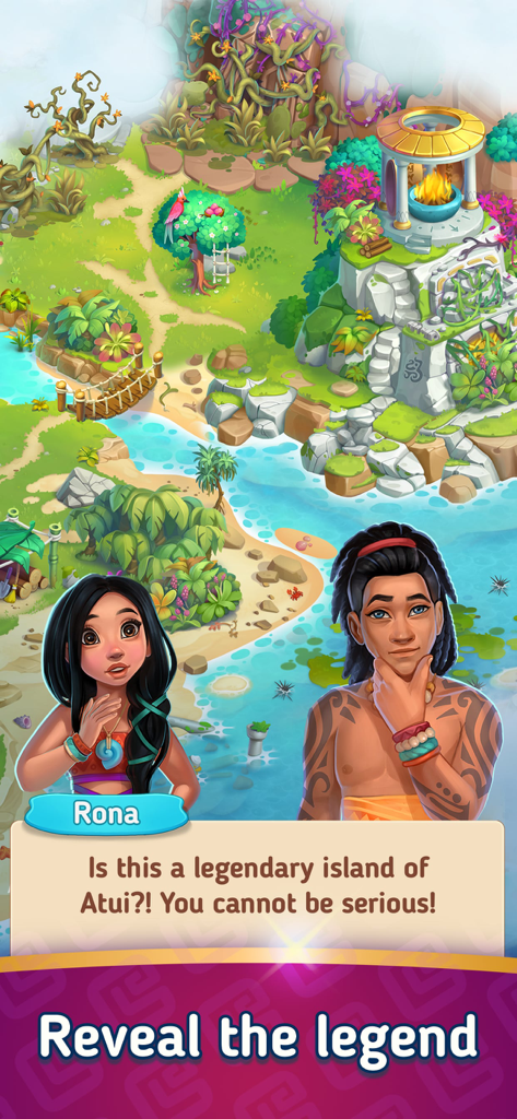 Merge Islanders: Tropical Town - Los personajes Rona y Noah explorando la isla legendaria de Atui en Merge Islanders