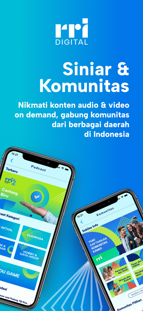 RRI Digital - RRI Digital mobile app screens displaying podcast categories and community sections