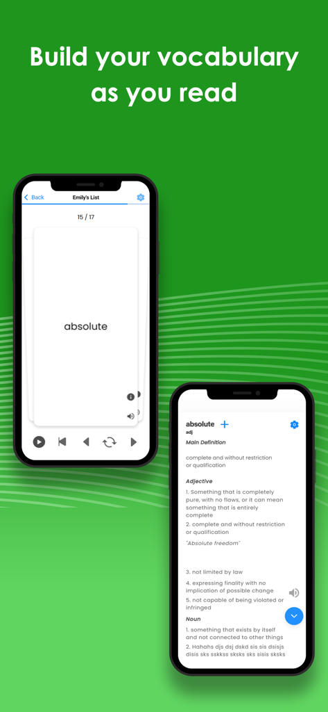 Spreeder - Speed Reading - A mobile interface from the Spreeder app showing a vocabulary flashcard and a detailed word definition screen.