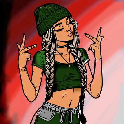 realistic teenage girl with braids and a beanie and crop top doing 🫶🏼