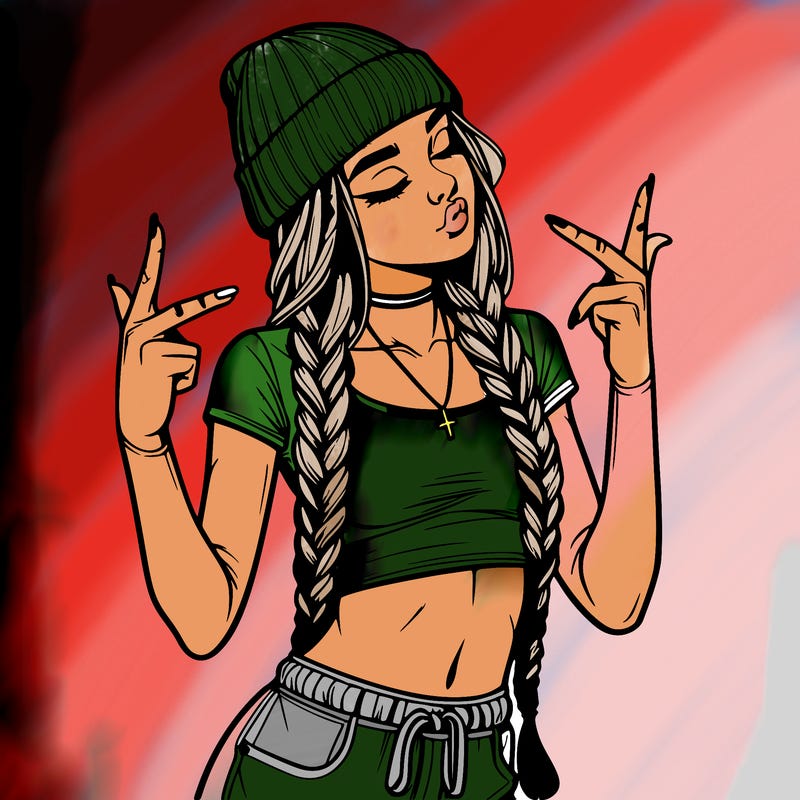 realistic teenage girl with braids and a beanie and crop top doing 🫶🏼