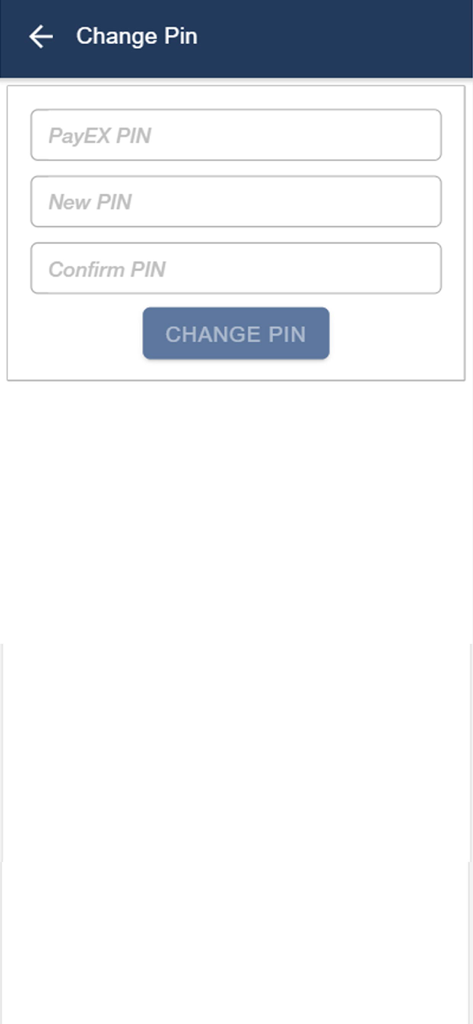 FreePay - User interface of the FreePay app showing the Change Pin screen with fields for old and new PINs.