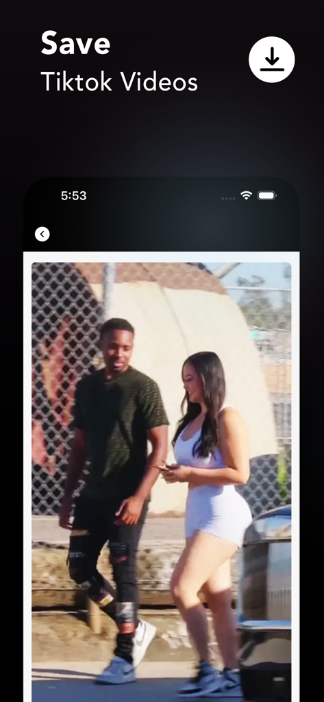 A screenshot of the SaveTik app interface showing a video with a download option.