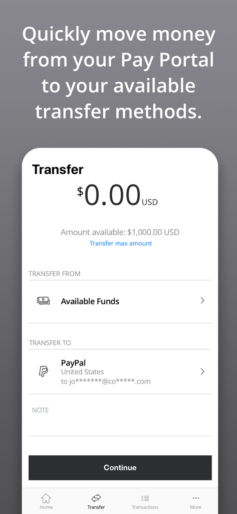 Interface do aplicativo móvel Payouts Hub mostrando uma transferência de fundos do saldo disponível para uma conta PayPal.