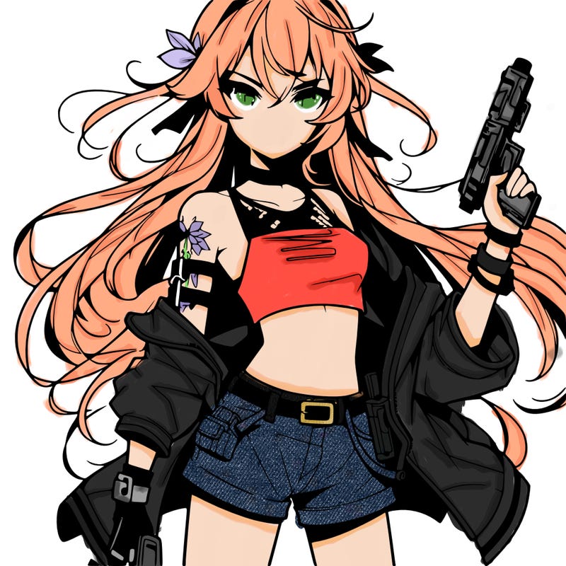 bad girl wearing crop top holding a gun long hair anime