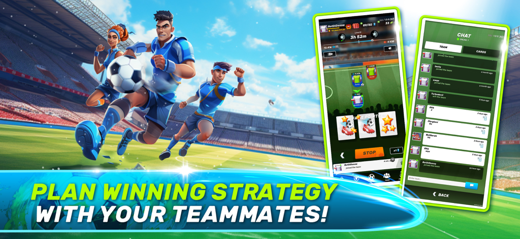 Soccer Clash: Football Game - Banner promocional de Soccer Clash que muestra personajes del juego y pantallas de estrategia de partido y chat de equipo.