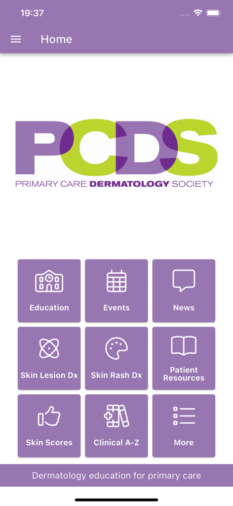 PCDS app home screen displaying navigation icons for dermatology education and clinical skin tools