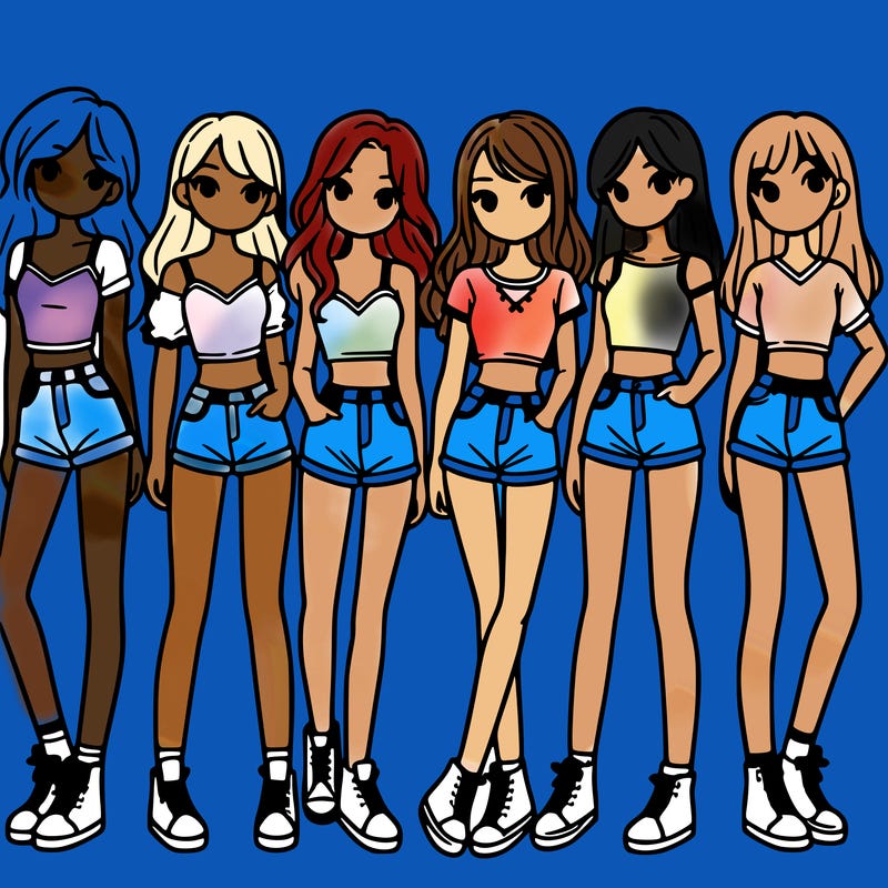 a group of girls wearing crop tops and shorts