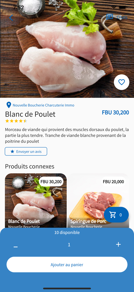 Duma Food - Mobile app interface of Duma Food showing a product page for chicken breast with price and add to cart options.
