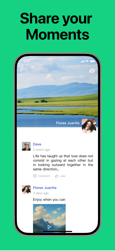 Mosavi - Mosavi app social feed screen titled Share your Moments showing user posts and profile images