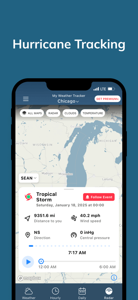 My Weather Tracker & Alerts - My Weather Tracker app interface showing hurricane tracking map and storm data alerts