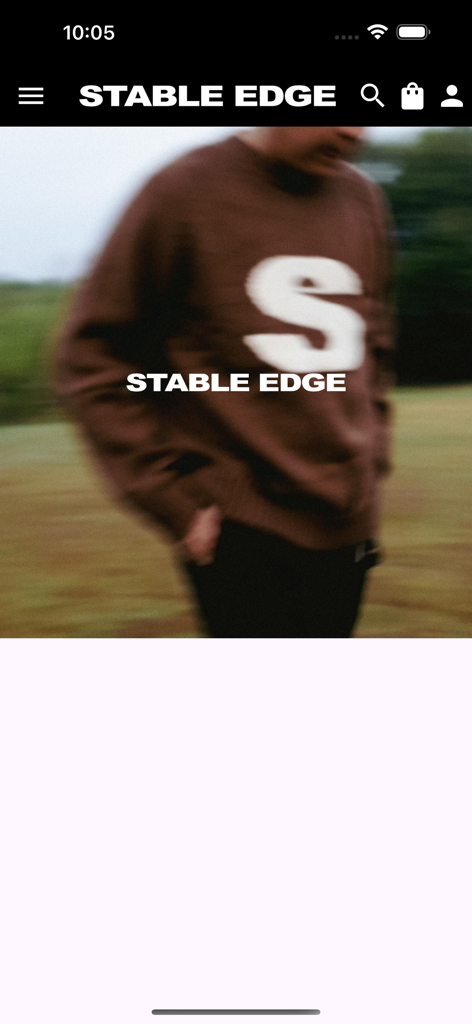 Stable Edge mobile app home screen featuring exclusive streetwear and fashion collections