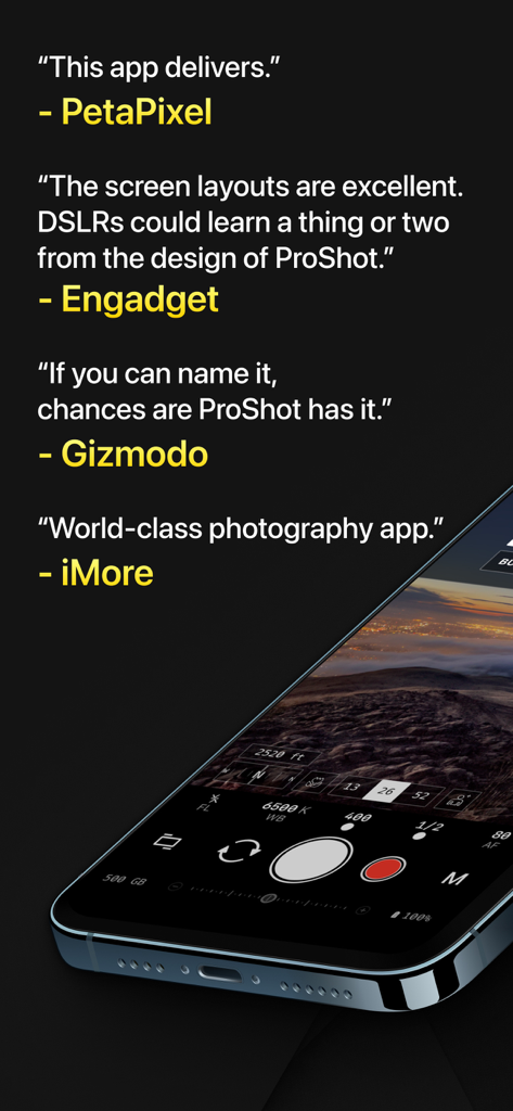 Professional media reviews of the ProShot app next to a smartphone showing the manual camera interface