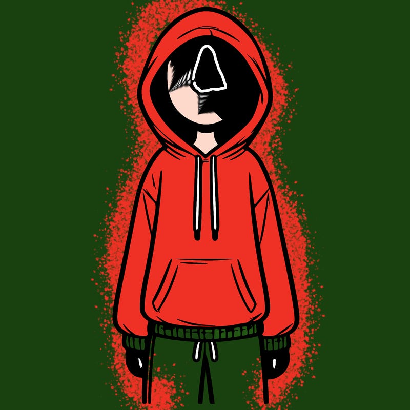 faceless girl in a tracksuit with a hood on and no hair