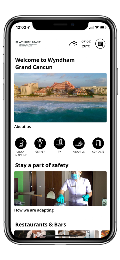 Wyndham Grand Cancun - Schermata principale dell'app Wyndham Grand Cancun che mostra le funzionalità del resort come check-in online e chiave mobile