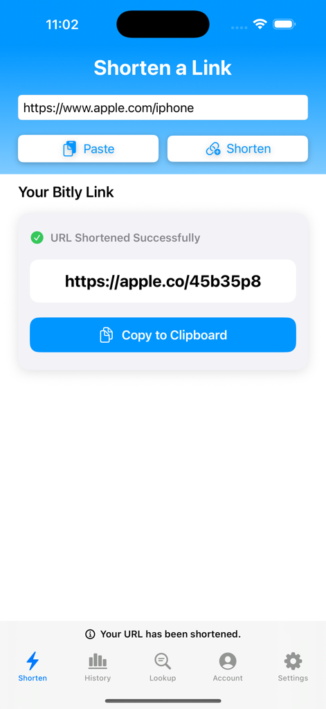 Interface do aplicativo Shortly mostrando um URL longo convertido em um link Bitly curto em um iPhone
