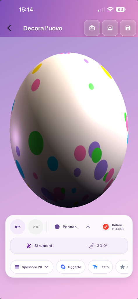Easter Eggs 3D Painter - Interfaz de la aplicación Easter Eggs 3D Painter que muestra un huevo blanco decorado con puntos coloridos y herramientas de pintura creativas