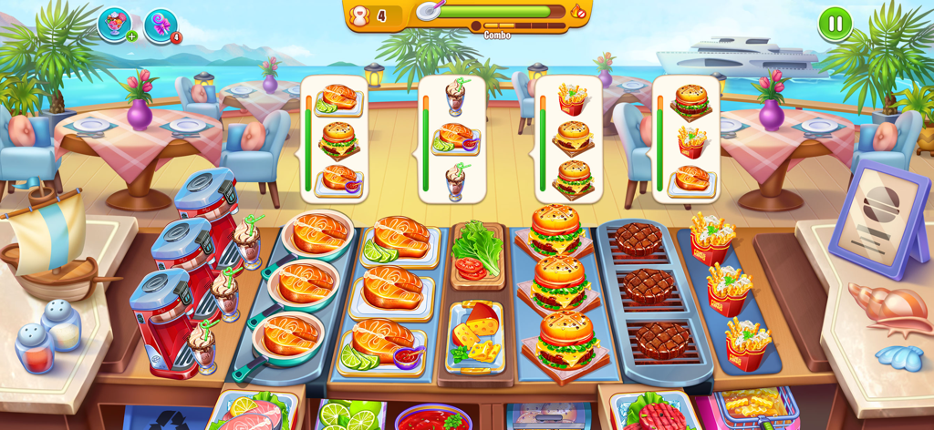 Cooking Food: Restaurant Games - Time management cooking game interface showing burgers and salmon being prepared at a seaside restaurant