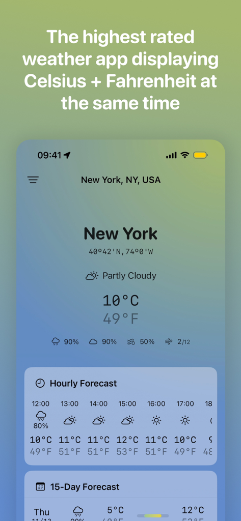 Franz Fahrenheit (& Celsius) - Franz Fahrenheit app interface showing New York weather with simultaneous temperature display in Celsius and Fahrenheit