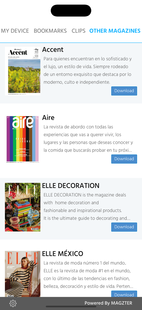 Interface of the Revista Expansion app showing a list of other available magazine titles like Accent and Elle Mexico with download options