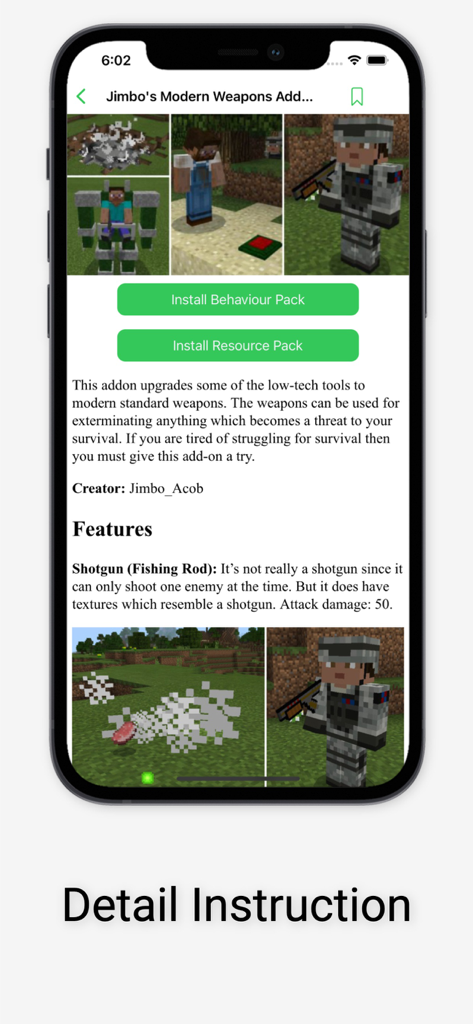 Detail page for a Minecraft PE mod showing installation buttons and feature descriptions