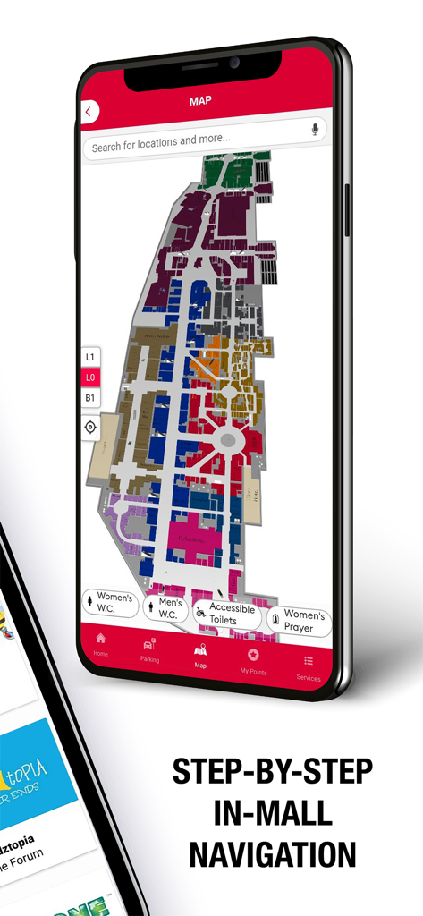 The Avenues - Screenshot of the step-by-step in-mall navigation feature showing a detailed color-coded map of The Avenues shopping mall.