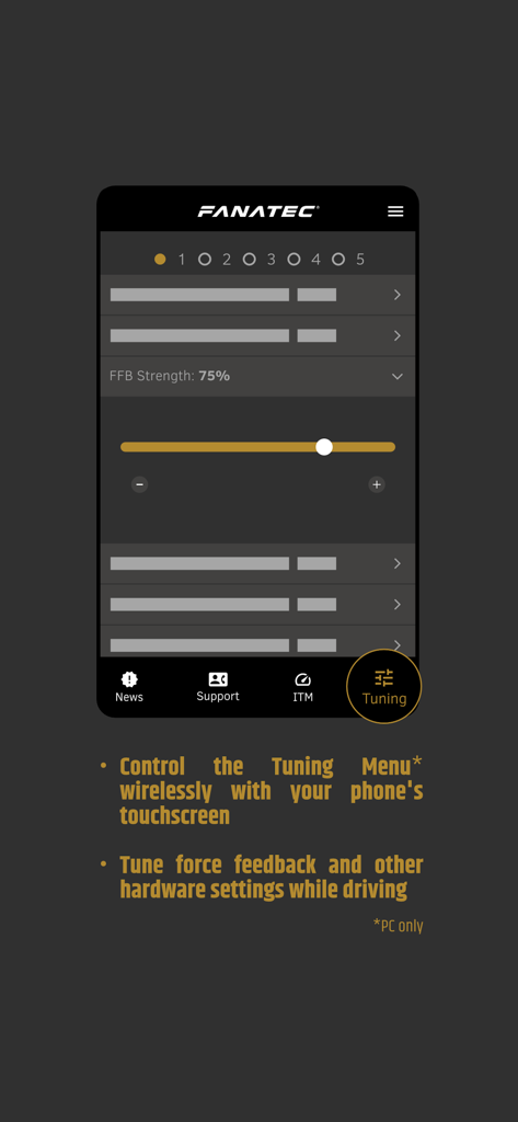 Fanatec App - Interface of the Fanatec App showing the wireless tuning menu for adjusting Force Feedback strength.