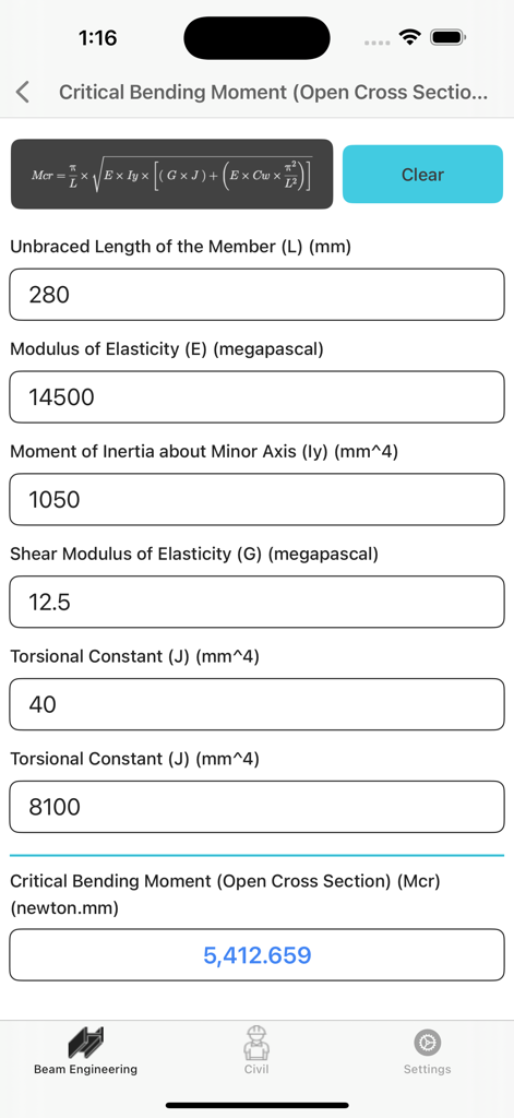 Critical bending moment calculator screen in the Beam Engineering lite app