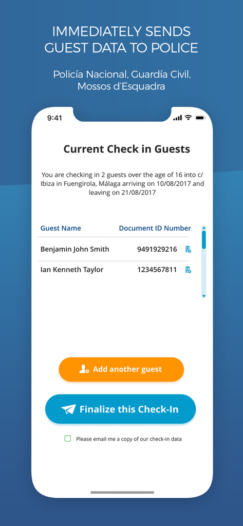 Pantalla de la aplicación móvil que muestra una lista de huéspedes registrados con sus nombres y números de identificación de documentos para el cumplimiento legal.