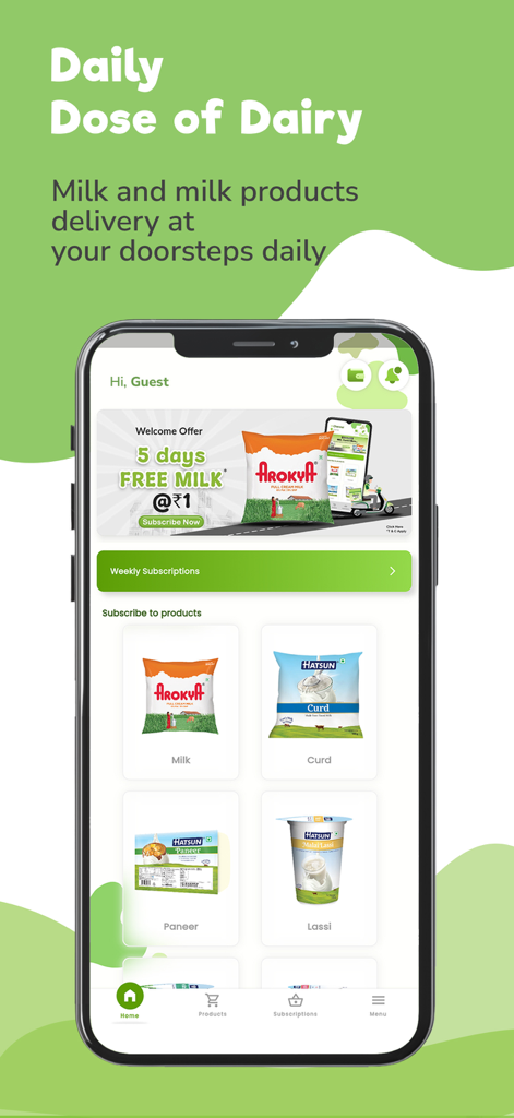 DailyMoo - DailyMoo app home screen featuring milk curd and paneer subscription options