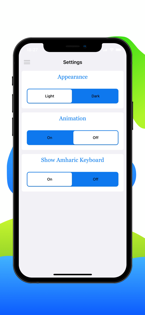 Schermata delle impostazioni dell'app Il miglior traduttore amarico che mostra opzioni per aspetto, animazione e tastiera amarica