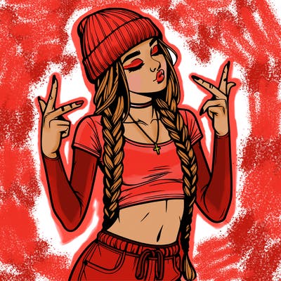 realistic teenage girl with braids and a beanie and crop top doing 🫶🏼