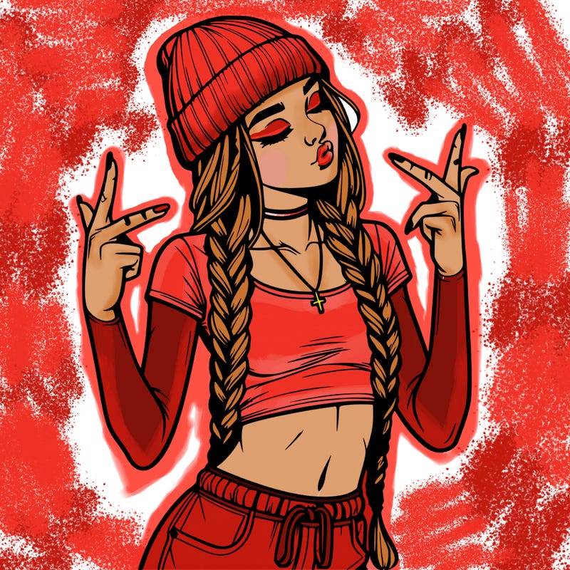 realistic teenage girl with braids and a beanie and crop top doing 🫶🏼