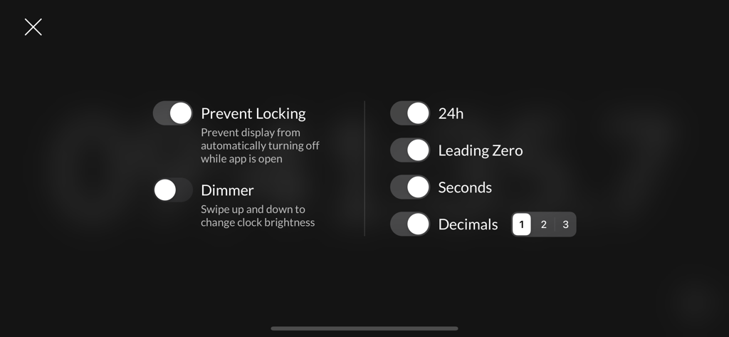 Clock – Simple & Customizable - La pantalla de configuración de una aplicación de reloj minimalista con interruptores para bloqueo de pantalla, brillo y precisión del formato de hora.