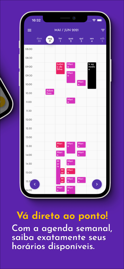 Un smartphone affichant un calendrier d'entreprise hebdomadaire avec des créneaux de rendez-vous codés par couleur pour les professionnels de services.