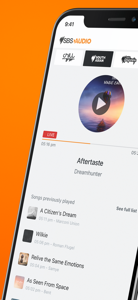 SBS Audio - SBS Audio mobile app live radio player interface showing current and previously played songs