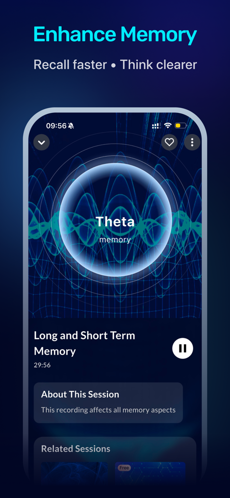 장기 및 단기 기억력 향상을 위한 세타 뇌파를 보여주는 FocusBrain 앱 화면