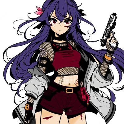 bad girl wearing crop top holding a gun long hair anime