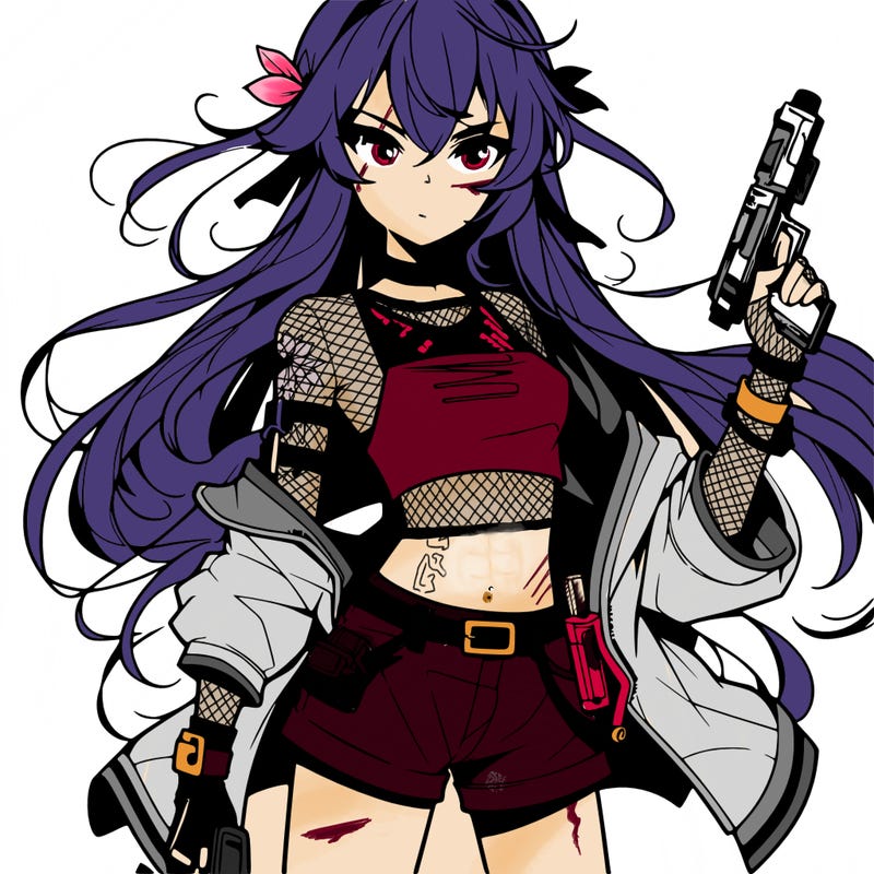 bad girl wearing crop top holding a gun long hair anime