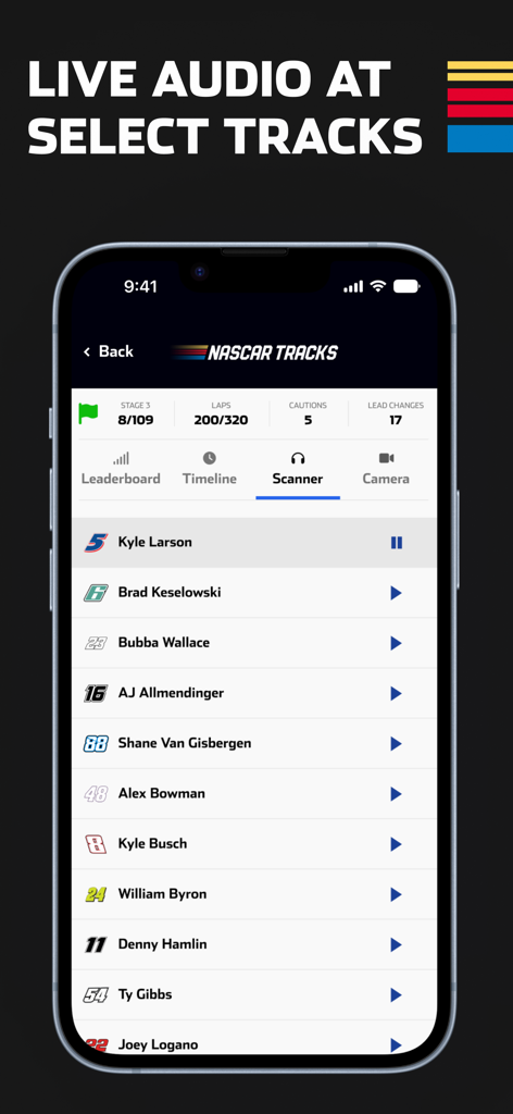 NASCAR Tracks - NASCAR Tracks mobile app displaying the live scanner feature with driver audio options
