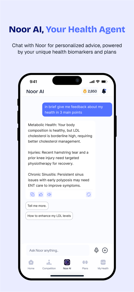 Byte+ - Byte plus app interface showing the Noor AI health agent providing personalized health advice in a chat.