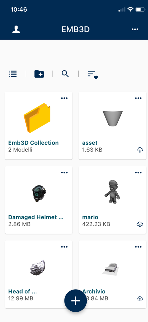 Emb3D 3D Model Viewer - Screenshot of the Emb3D model viewer interface showing a collection of 3D assets including a helmet a car and character models