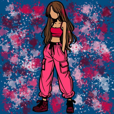 girl in baggy pants crop top and long hair