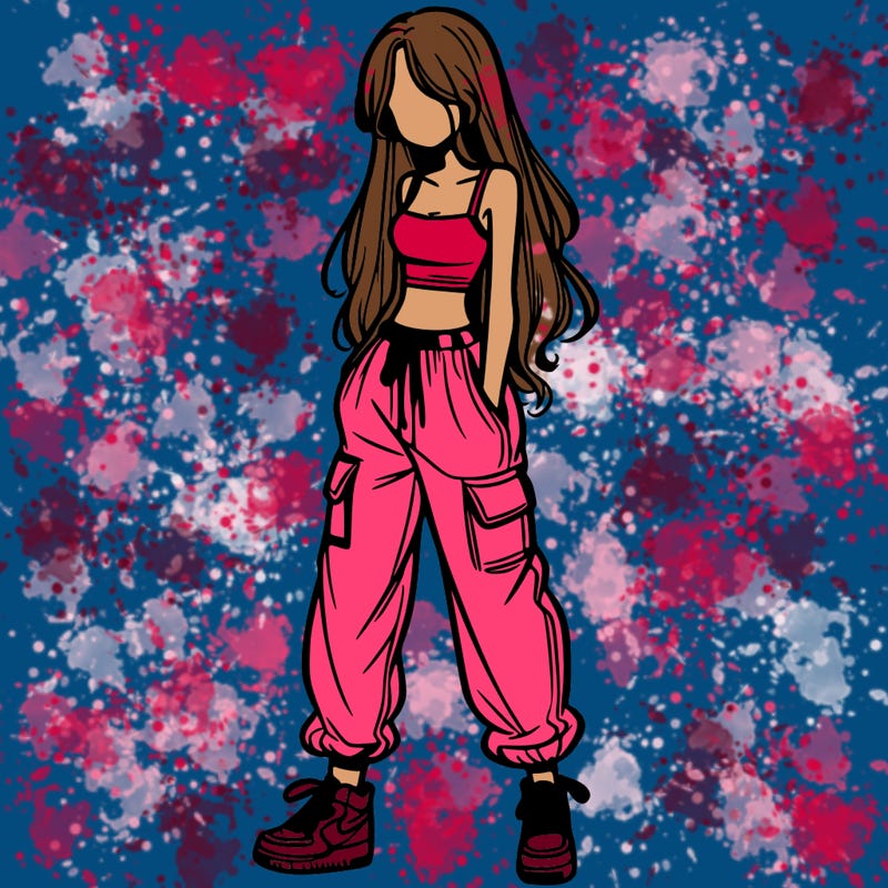 girl in baggy pants crop top and long hair