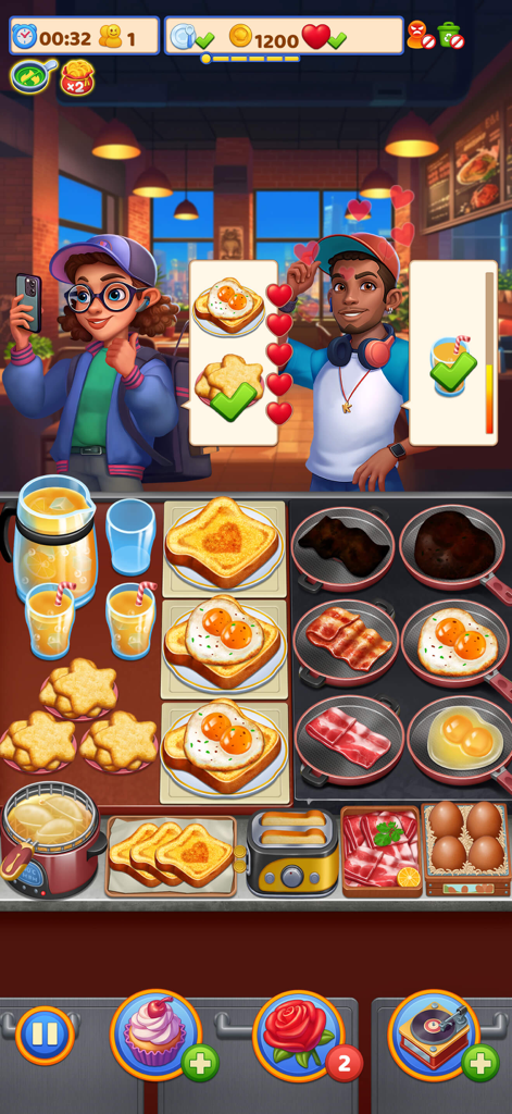 Cooking Ready - Una captura de pantalla vertical del juego Cooking Ready que muestra a los clientes pidiendo platos de desayuno como huevos y tostadas